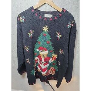Vintage Annex Christmas Sweater Women’s L Black Santa Bear Tree Embroidered Knit